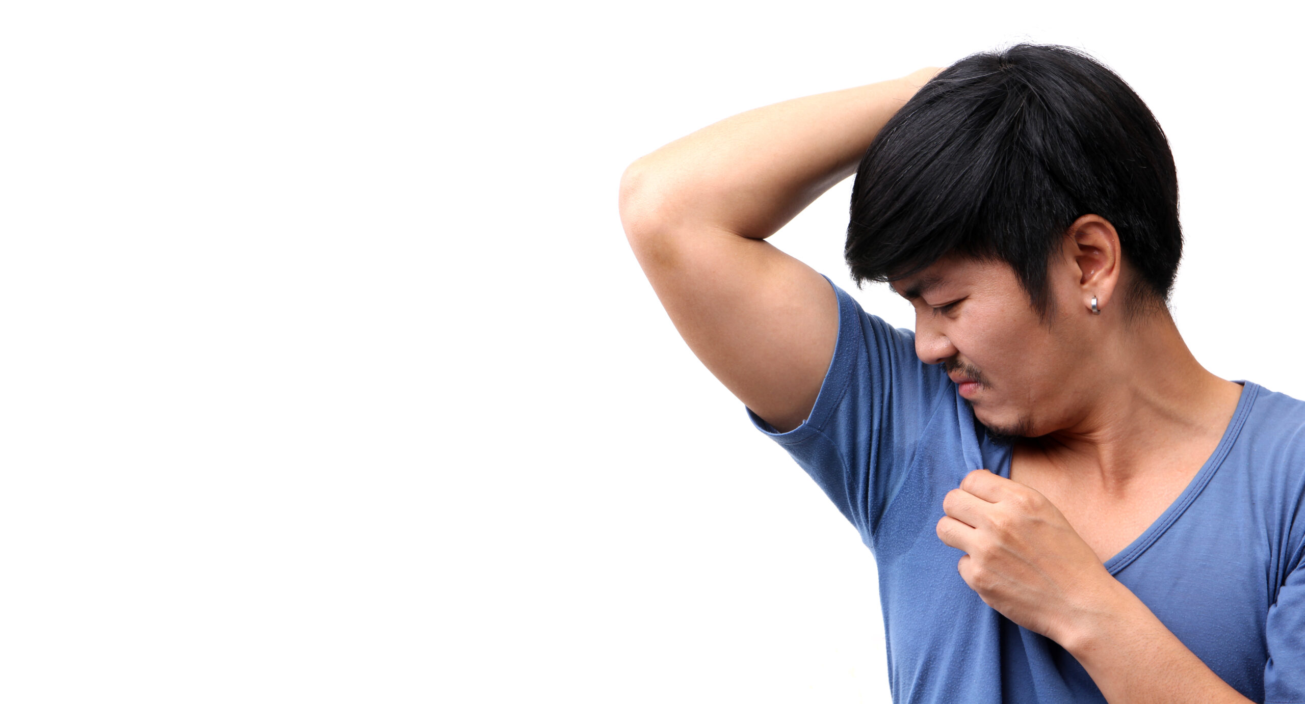Asian,Man,Sweating,Excessively,Smelling,Bad,Isolated,On,White,Background